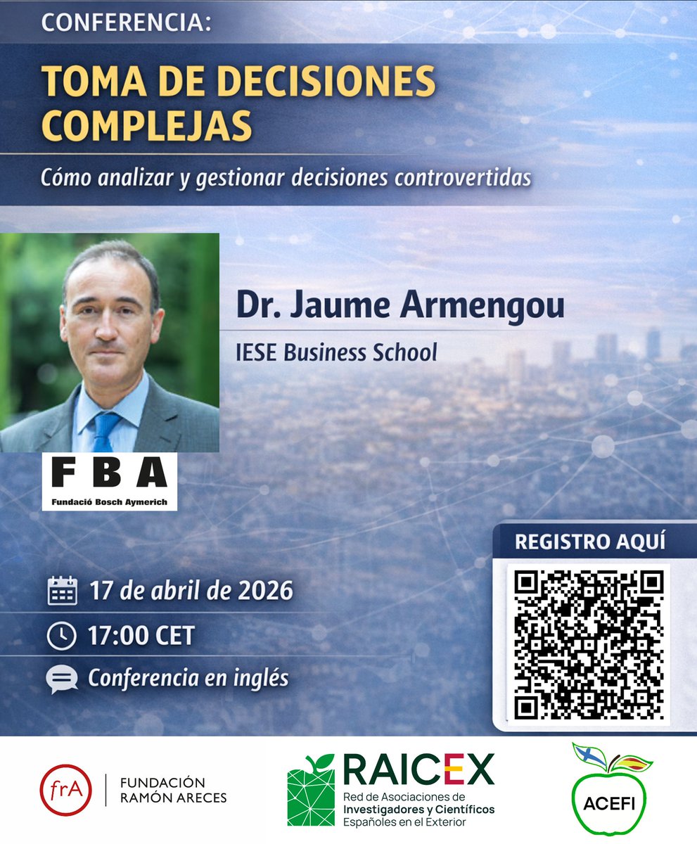 raicex_es's tweet image. ACEFI + Comisión de Ciencia y Empresa de RAICEX invitan al Dr. Jaume Armengou (IESE) a hablar sobre toma de decisiones con un caso real y complejo.

📅 17 abr | 17h00 CET | En inglés

🔗 Registro: docs.google.com/forms/d/e/1FAI…

#ACEFI #RAICEX #DecisionMaking