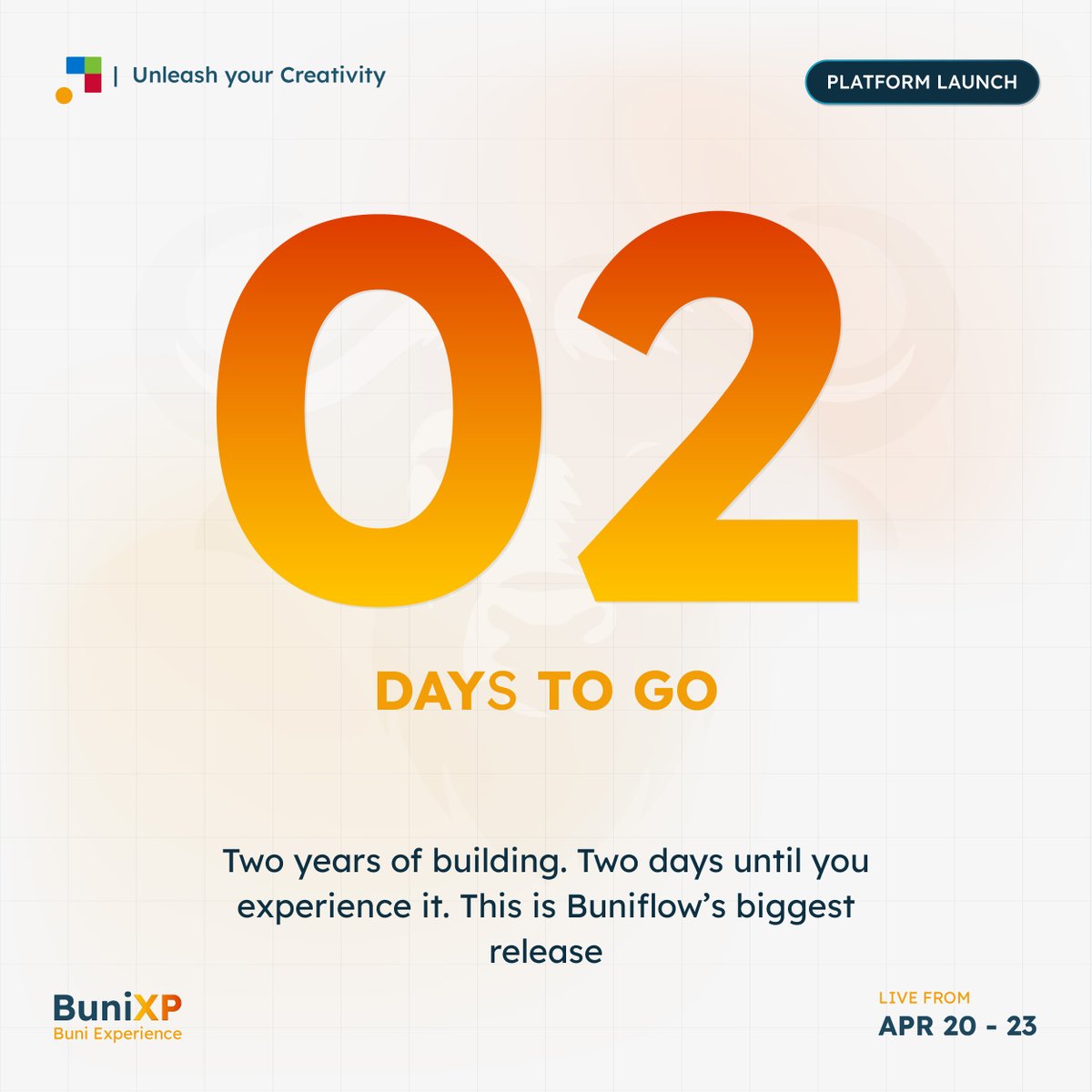 WeAreBuni's tweet image. Two years of building.
Two days until you experience it.

This is Buniflow's biggest release — and we built every single part of it for you.

April 20 – 23. Enter Buni World.

buniflow.com
#BuniXP #2DaysToGo #EnterBuniWorld #BuniflowV12 #AfricanBuilders #BiggestRelease