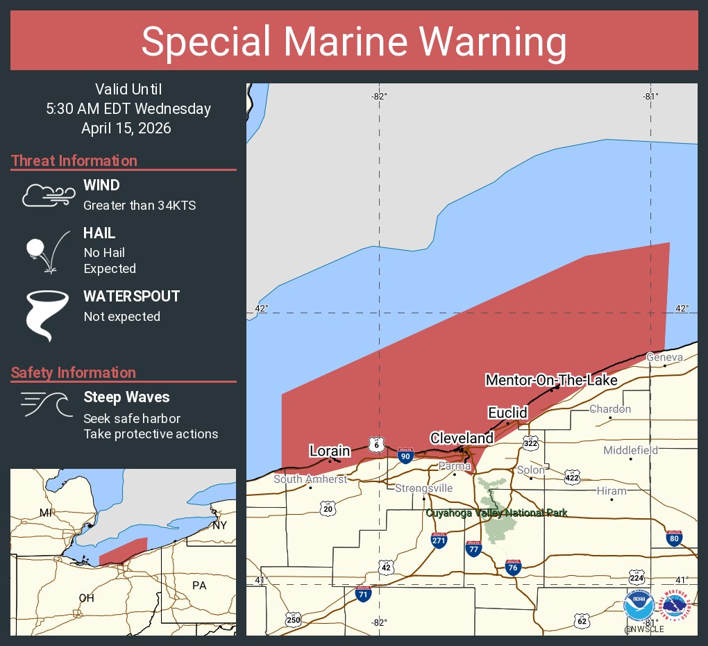 NWSCLE's tweet photo. Special Marine Warning including the Willowick to Geneva-on-the-Lake OH beyond 5NM off shoreline to US-Canadian border, Avon Point to Willowick OH beyond 5 nm off shoreline to US-Canadian border and Willowick to Geneva-on-the Lake OH until 5:30 AM EDT https://t.co/CgiscPtTLX