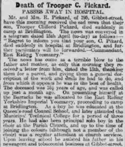 NeilArabia's tweet photo. #OTD 15 April 1917 51488 Pte Clifford Pickard, 2/1st East Riding Yeomanry, died suddenly in hospital in Bridlington aged 18.  He had been called up only a month before.  He is buried in Bridlington Cemetery #Forrard #ERY #LestWeForget https://t.co/AH79VyioV8