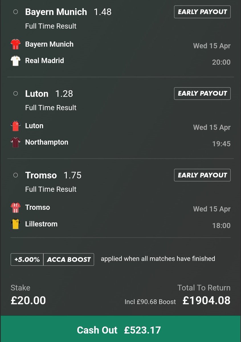 What would you do here???? 

Need Bayern, Luton, Tromso win for my 90/1 !!!

Current cash out is £524 to win £1,904 💰