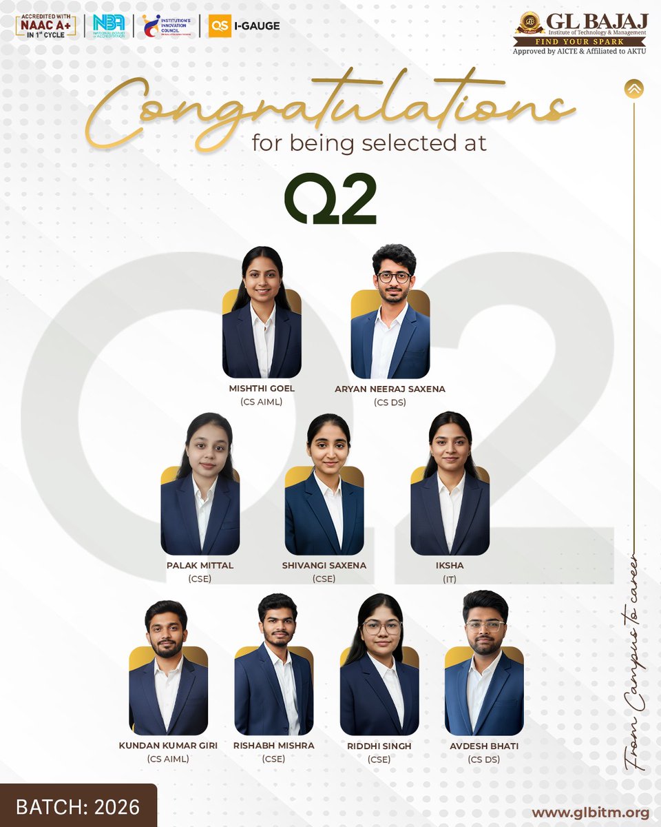 Success speaks louder when dedication meets opportunity! 🎯
Heartiest congratulations to our 9 talented students for securing placements at Q2. Your hard work, perseverance, and passion have truly paid off. 🌟

GL Bajaj Institute of Technology &amp; Management Wishing you all a