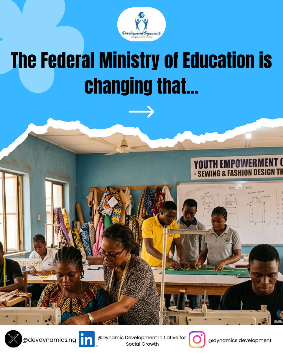 Devdynamicsng's tweet photo. Not every young Nigerian needs a degree to succeed, but everyone deserves access to opportunity.

The Technical and Vocational Education and Training (TVET) Initiative by the Federal Ministry of Education is creating real pathways for young people to learn practical skills, https://t.co/l7fti219yH