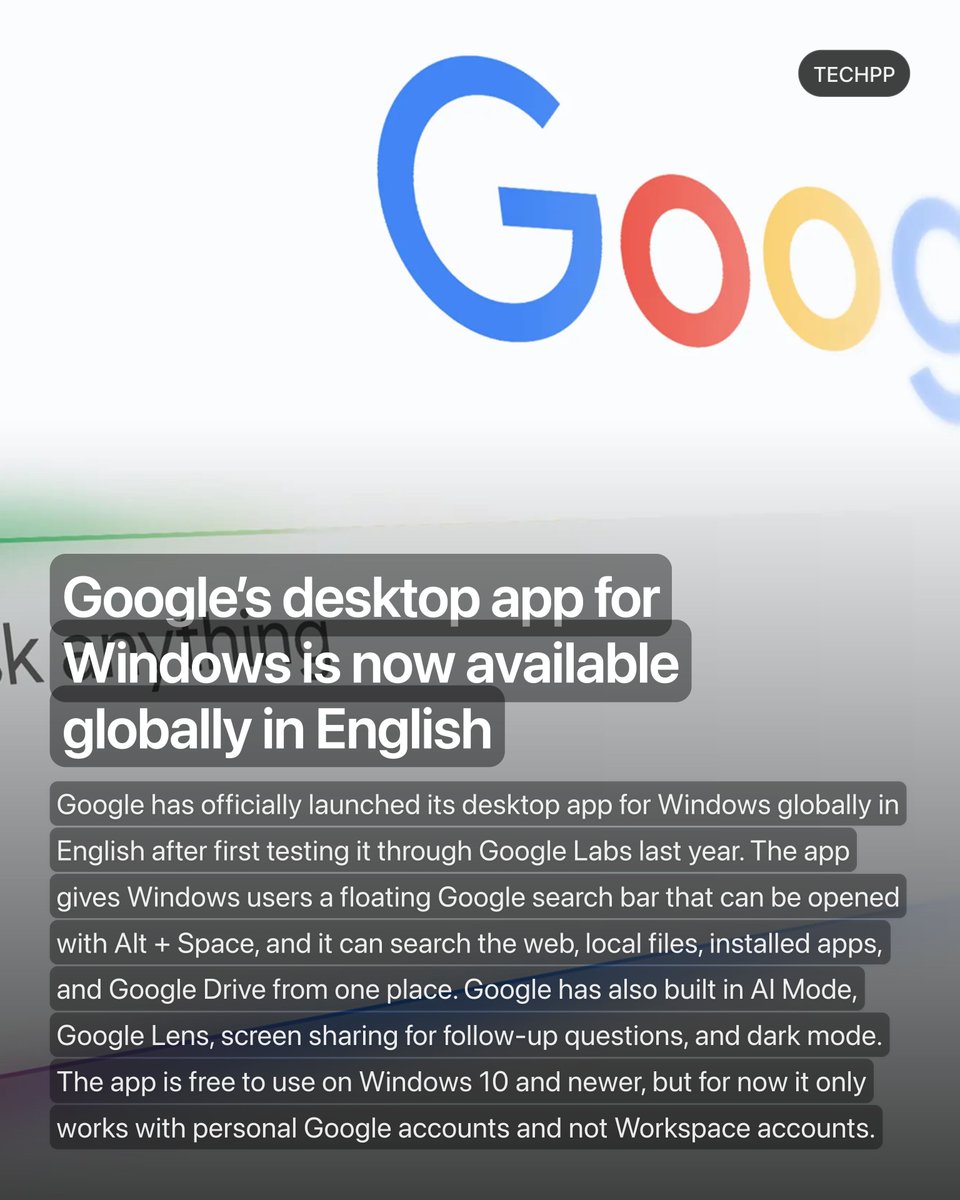 techpp's tweet image. Google’s desktop app for Windows is now available globally in English

#Google #Microsoft #Launch #Googles #Windows #GoogleApp #AI #GoogleSearch #Gemini #TechNews