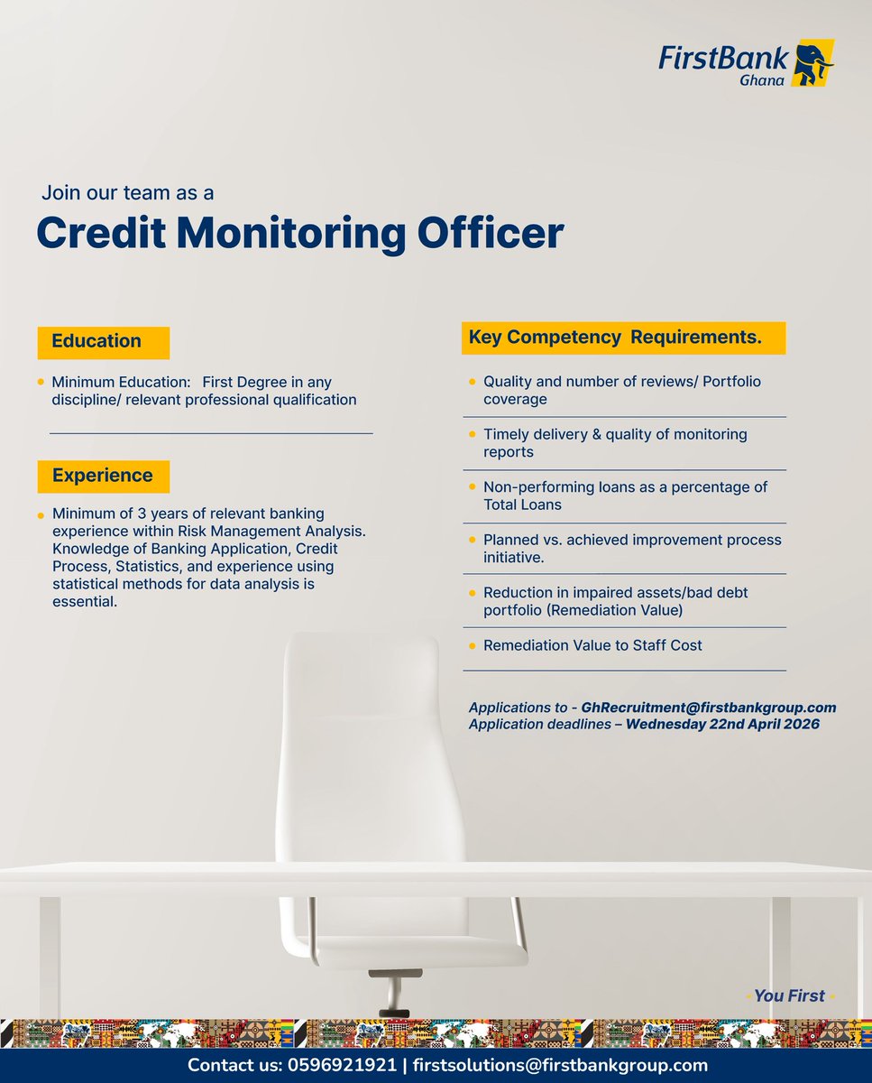 Join the FirstBank Family today.
Apply before 22nd April, 2026

#FirstBankJobs #FirstBankGhana #YouFirst