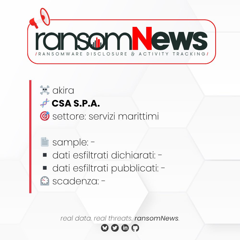 ransomnews's tweet image. 🚨 nuova rivendicazione #ransomware Italia 🚨 

🏴‍☠️ gruppo #akira
🧬 CSA S.P.A. | Milano
🎯 settore: servizi marittimi
🔗 csaspa.com
🗓️ 14 aprile 2026

📄 sample: -
▪️ dati esfiltrati dichiarati: -
▪️ dati esfiltrati pubblicati: -
⏲️ scadenza: -

#ransomNews