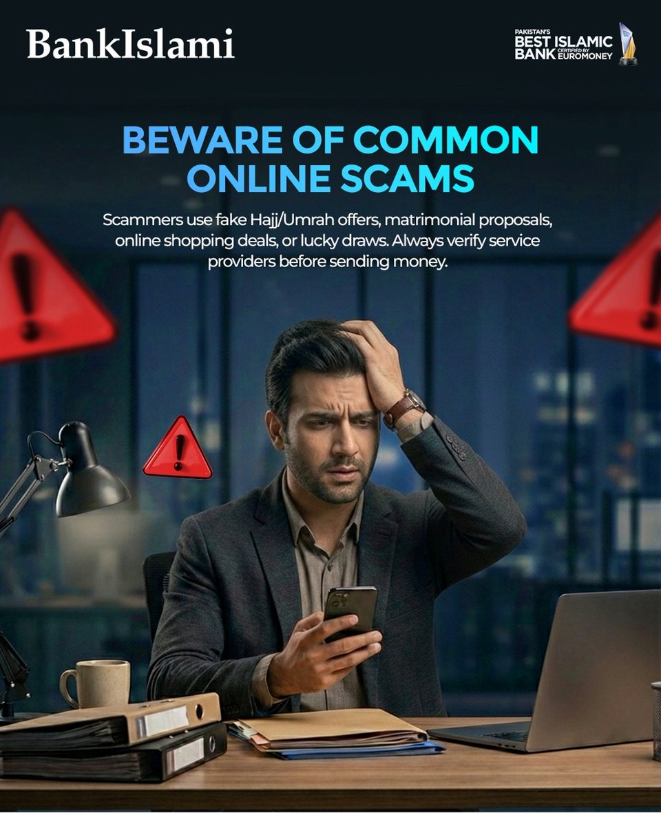 BIPLOfficial's tweet image. Scammers often use tactics to trick you into sending money. Always verify the service provider through official channels before making any payment.
Report suspicious activity to 021-111-475-264.

#BankIslami #FraudAwareness