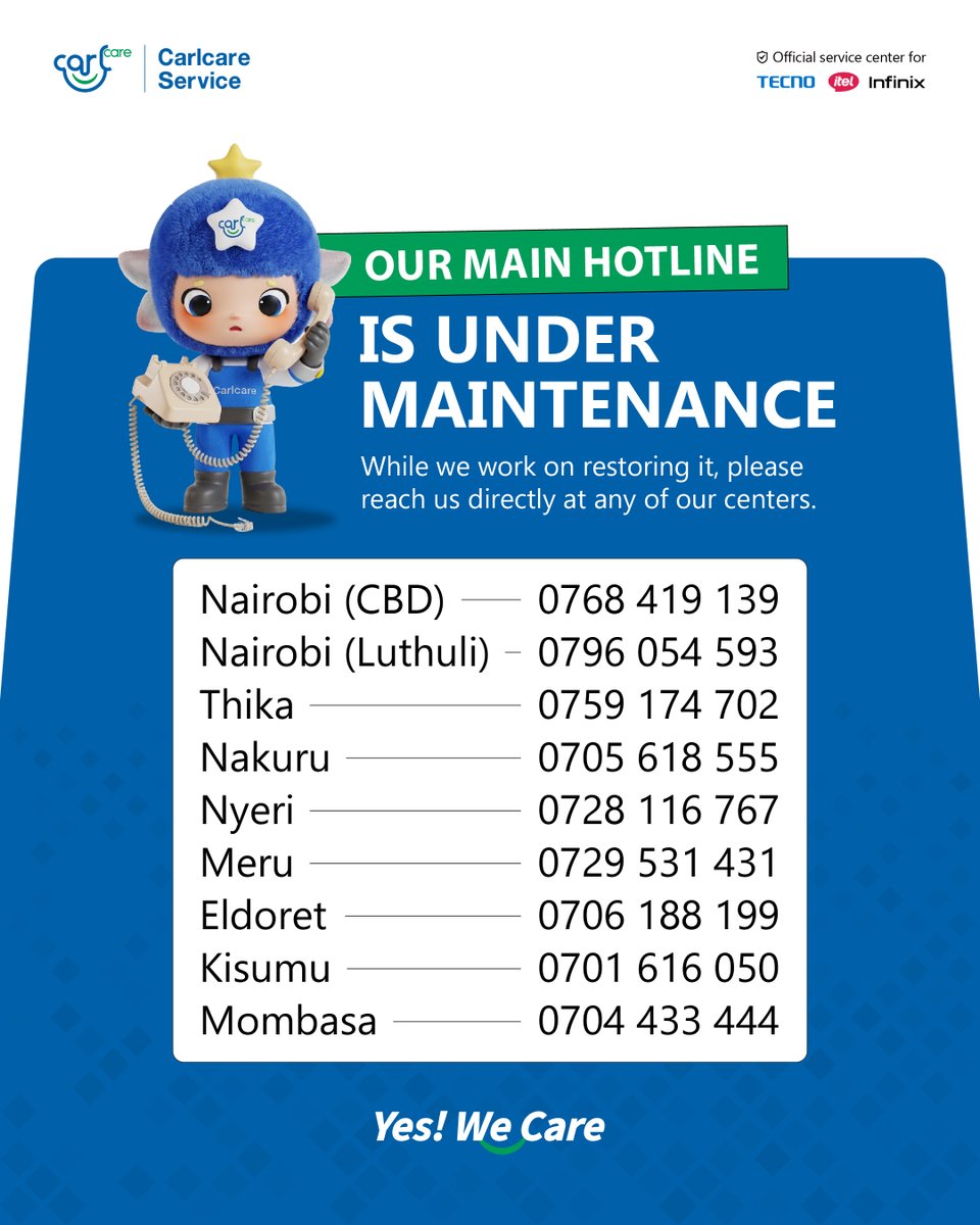 ⚠️ Service Update: Our main customer care hotline is currently undergoing maintenance. Don't worry, we are still here to help! 💙

While our team works to restore the main line, our local centers remain fully operational. If you need assistance with your TECNO, INFINIX, ITEL,
