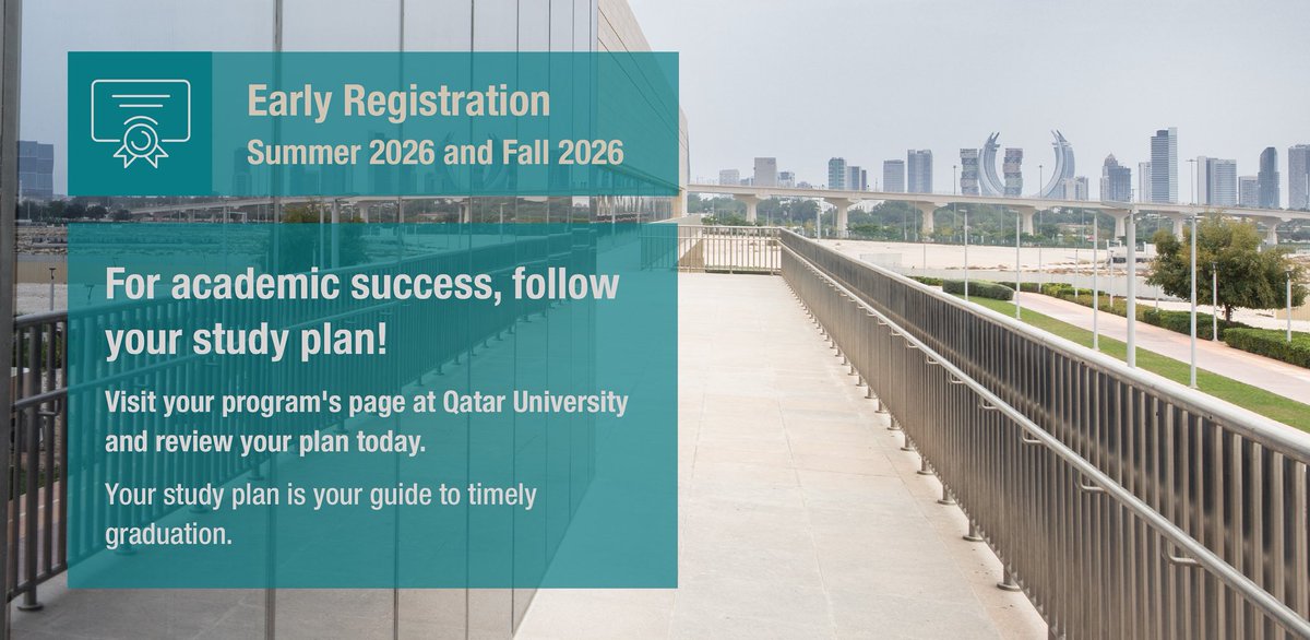 QUStudAffairs's tweet image. 🎓 Today’s early registration tip:
For academic success, follow your study plan!
Your study plan is your guide to timely graduation.

#QatarUniversity #StudentAffairs #EarlyRegistrationTips