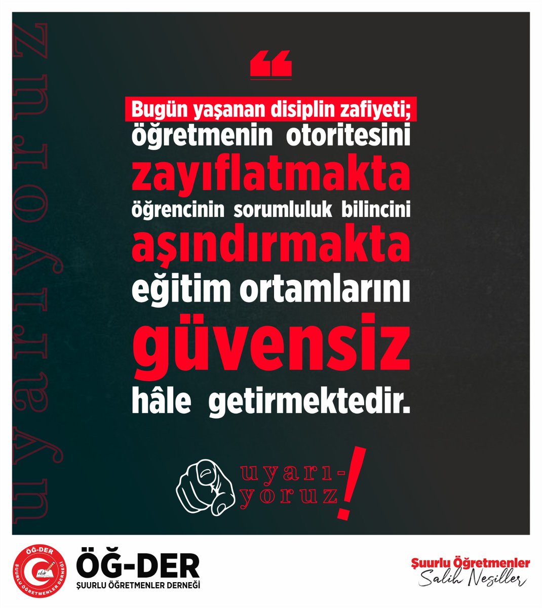 🔻
U Y A R I Y O R U Z ‼️

📍Bugün yaşanan disiplin zafiyeti; öğretmenin otoritesini zayıflatmakta öğrencinin sorumluluk bilincini aşındırmakta eğitim ortamlarını güvensiz hâle getirmektedir.

#Kahramanmaraş l #saldırı l #Şanlıurfa l #Siverek l #EğitimdeŞiddeteHayır