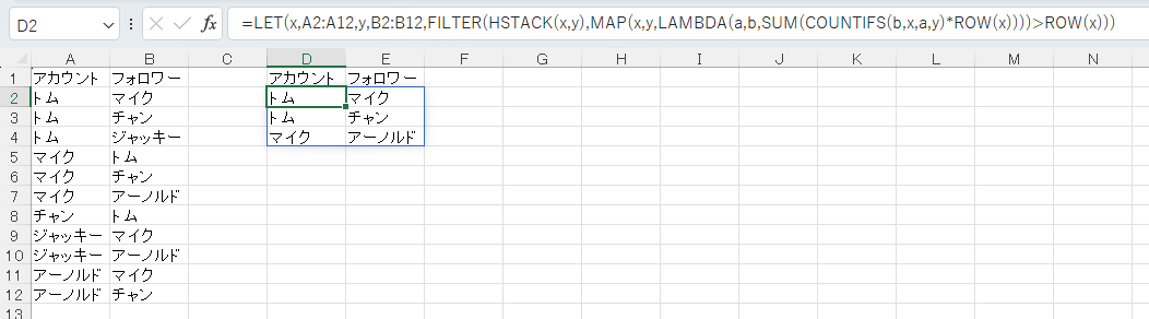 COUNTIFSで組み合わせを抽出し、相手の行数を合算し、自分の行数より多い数値だけを表示としてみました。が、3つ以上あった場合、上手く行かないですね(;^_^A
