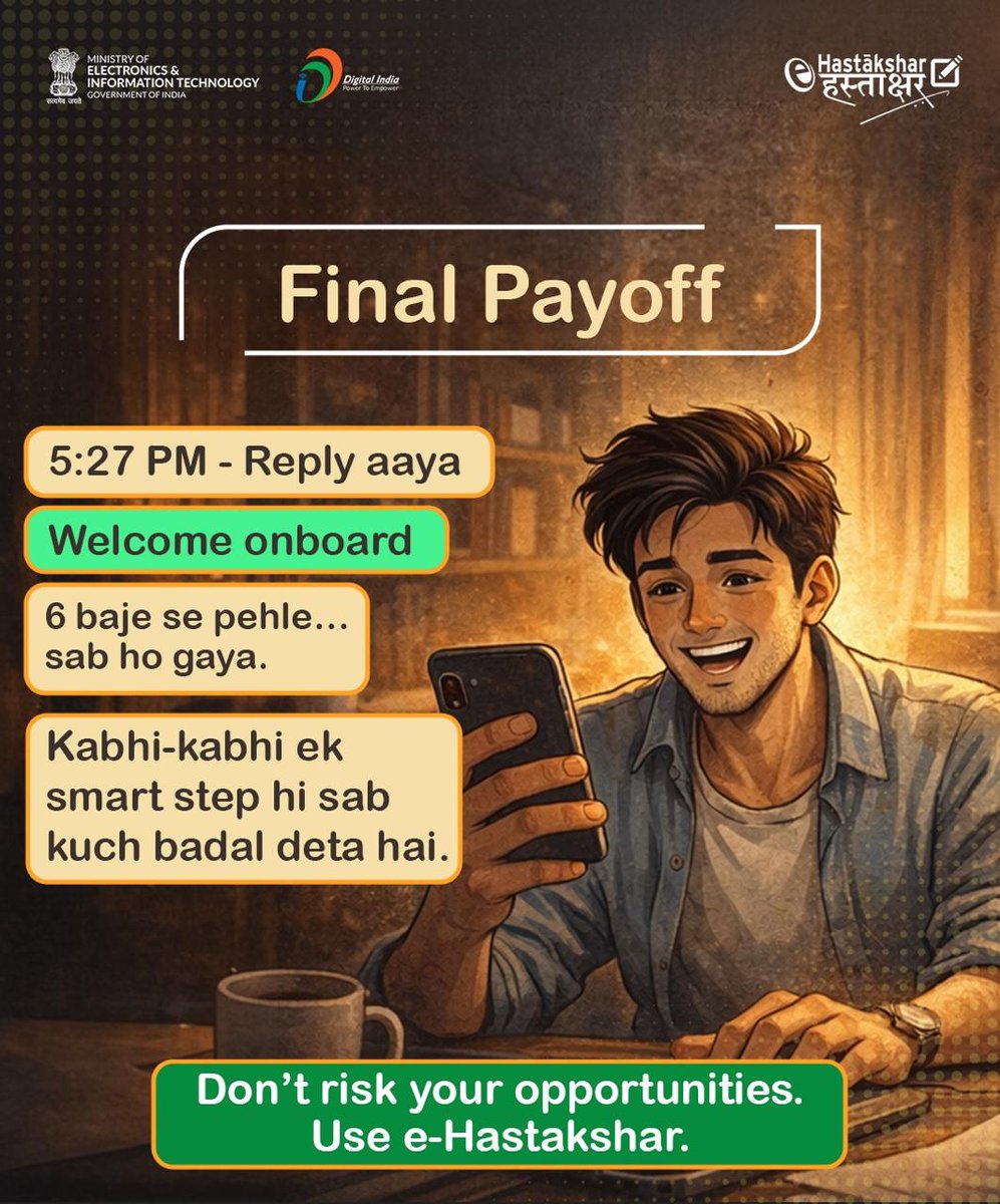_DigitalIndia's tweet photo. ๐
Toh dekha aap sabhi ne โ e-Hastakshar kitna easy aur useful hai!
Donโt wait till the last minute โ go digital.
โ48 minutes. Ek decision. Aur poori life change. ๐ Rahul ne wait nahi kiya.
๐ Aap bhi mat kijiye. Use e-Hastakshar.
#eHastakshar #DigitalIndia #SmartDecision https://t.co/ECHIHkaDJp