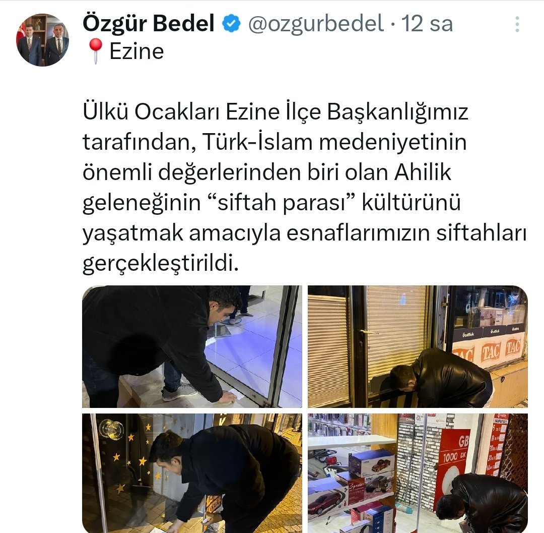 Kulis__Bilgi's tweet photo. 🔴 Ahilik Geleneği Çanakkale'de de Yaşatılmaya Devam Ediyor

📌 Türk-İslam medeniyetinin önemli değerlerinden biri olan Ahilik geleneğinin "siftah parası"  kültürünü yaşatmak amacıyla Çanakkale'de esnafların siftahları gerçekleştirildi.

📌 Kadim bir Anadolu geleneği olan bu uygulamanın "itibarsızlaştırma" çabası sonuç alamamış olup, vatandaşların; bu kültürün yaşatılması gerektiği izlenimleri aktarıldı.