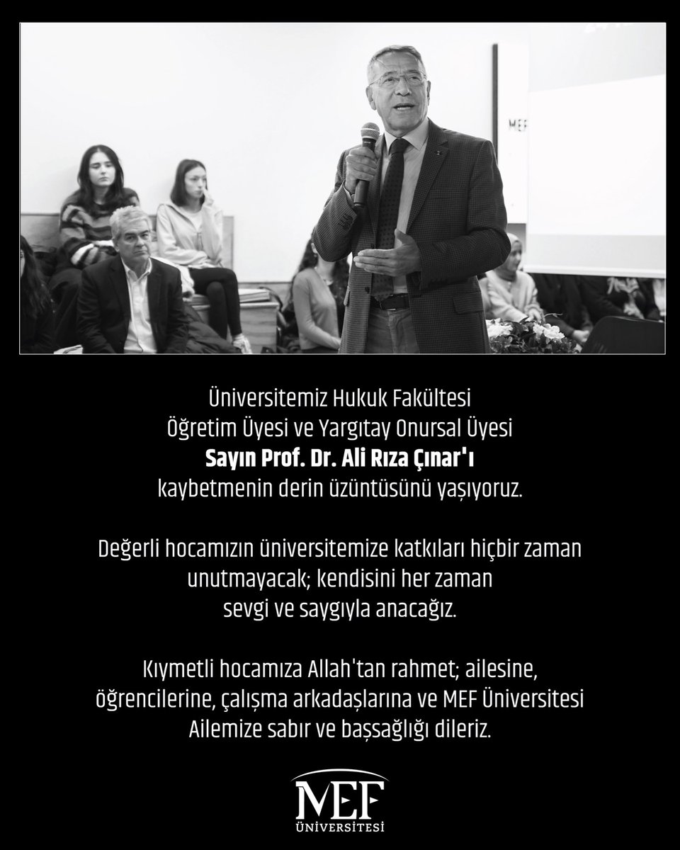 Üniversitemiz Hukuk Fakültesi Öğretim Üyesi ve Yargıtay Onursal Üyesi Sayın Prof. Dr. Ali Rıza Çınar’ı kaybetmenin derin üzüntüsünü yaşıyoruz.

Değerli hocamızın üniversitemize katkıları hiçbir zaman unutmayacak; kendisini her zaman sevgi ve saygıyla anacağız. Kıymetli hocamıza