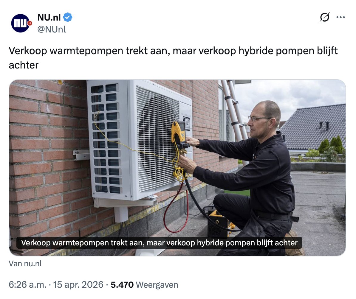 2 april '26 : "De vraag naar warmtepompen neemt explosief toe. Vooral hybride warmtepompen zijn populair."

2 weken later

15 april '26 : "....verkoop hybride pompen blijft achter."

➡️nu.nl/uit-andere-med…
➡️nu.nl/klimaat/639255…

©️Deze artikelen zijn gesponsord door het