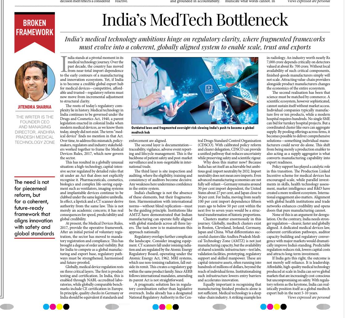 AP_MedTechZone's tweet photo. India’s MedTech sector has made a historic shift from near total import dependence to a growing manufacturing and innovation base. 

Dr. Jitendra Sharma, MD & Founder CEO of @AP_MedTechZone shares his opinion the need is not for piecemeal reform, but for a coherent, future-ready framework that aligns innovation with safety and global standards.

👉Click the link  to know more: 
https://t.co/nTpcGlINTU

#MedTech #HealthTech #MakeInIndia #AtmanirbharBharat #ViksitBharat