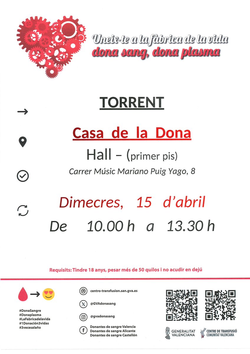 GVAdonasang's tweet image. Dona sang a #Torrent
📆dimecres #15Abril 

Tractaments oncològics, intervencions quirúrgiques, trasplantaments... possibles gràcies a la teua generositat. Gràcies! 

 #1Donació3Vides❤️