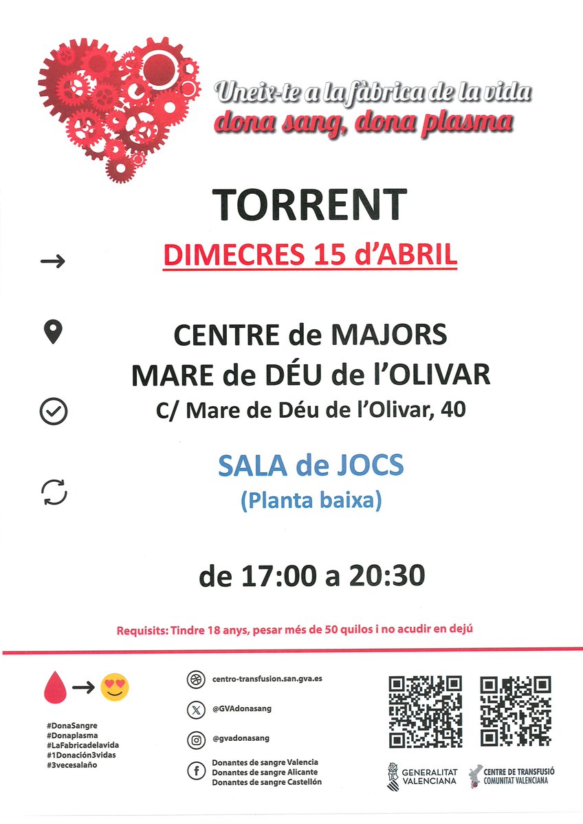 GVAdonasang's tweet image. Dona sang a #Torrent
📆dimecres #15Abril 

Tractaments oncològics, intervencions quirúrgiques, trasplantaments... possibles gràcies a la teua generositat. Gràcies! 

 #1Donació3Vides❤️