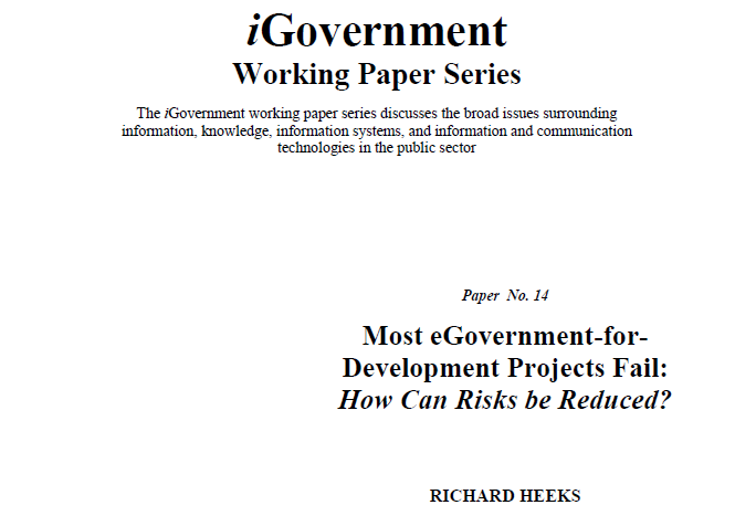 CDDManchester's tweet image. Classic papers of #ICT4D:

Most eGovernment-for-Development Projects Fail: How Can Risks be Reduced?

PDF: hummedia.manchester.ac.uk/institutes/gdi…

#egovernment