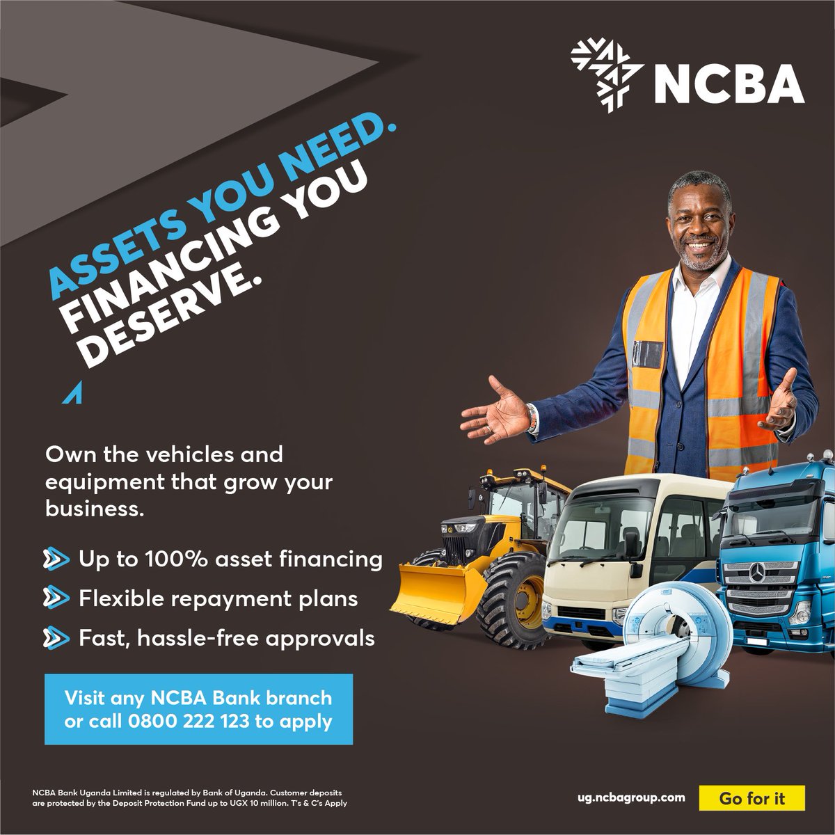 NCBAUganda's tweet photo. Scale your operations without straining your cash flow. Success in business requires the right tools. With NCBA Asset Finance, you can acquire the vehicles and equipment you need today with up to 100% financing and benefit from:
1. Flexible repayment plans tailored to your business cycle.
2. Fast, hassle-free approval processes.
Don’t wait to grow. Visit any NCBA Bank branch or call 0800222123 to get started.