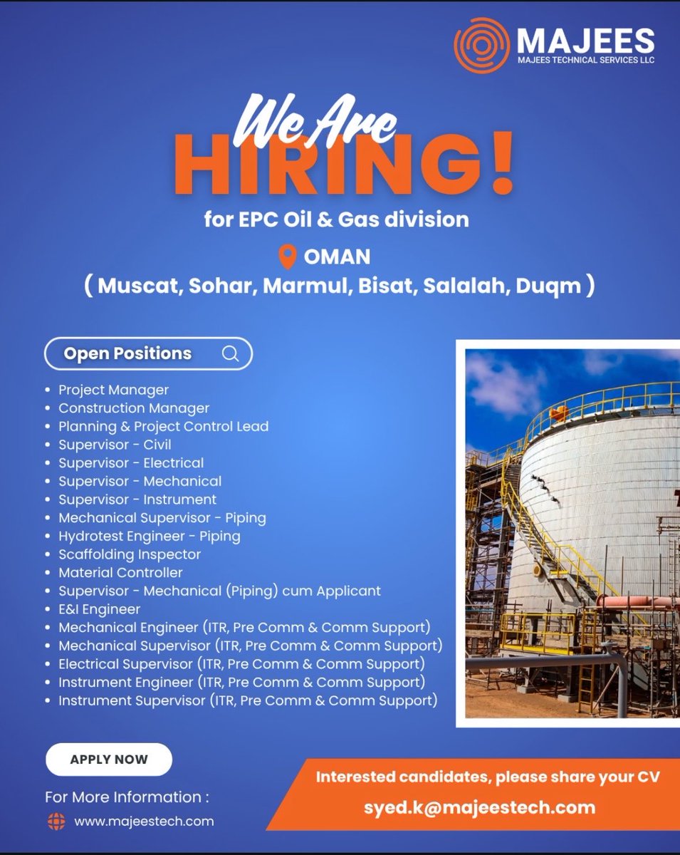 majeestech's tweet photo. We’re hiring! 🚀

Join Majees Technical Services LLC and be part of impactful EPC projects across Oman 🇴🇲

We’re looking for experienced professionals in project management, engineering, supervision &amp; inspection.

Ready to build excellence in Oil &amp; Gas? Apply now. https://t.co/0HrlcdAmGI