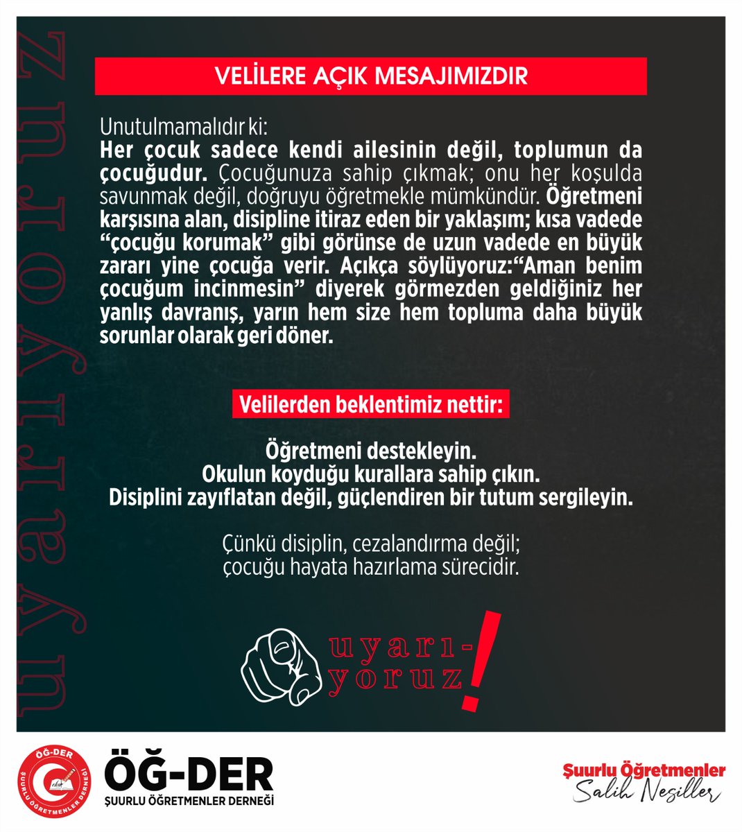 🔻
VELİLERİ UYARIYORUZ ‼️

📍Öğretmeni destekleyin. Okulun koyduğu kurallara sahip çıkın. Disiplini zayıflatan değil, güçlendiren bir tutum sergileyin. Çünkü disiplin, cezalandırma değil; çocuğu hayata hazırlama sürecidir.

#Kahramanmaraş l #saldırı l #Şanlıurfa l #Siverek