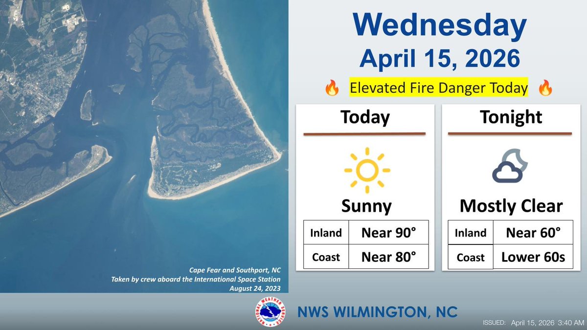 NWSWilmingtonNC's tweet image. Inland temperatures will soar to near 90 degrees this afternoon. A seabreeze should help keep coastal areas up to 12 degrees cooler.  Low humidity and recent very dry weather will create an elevated #fire risk. Heat will continue through Sunday. #ncwx #scwx
