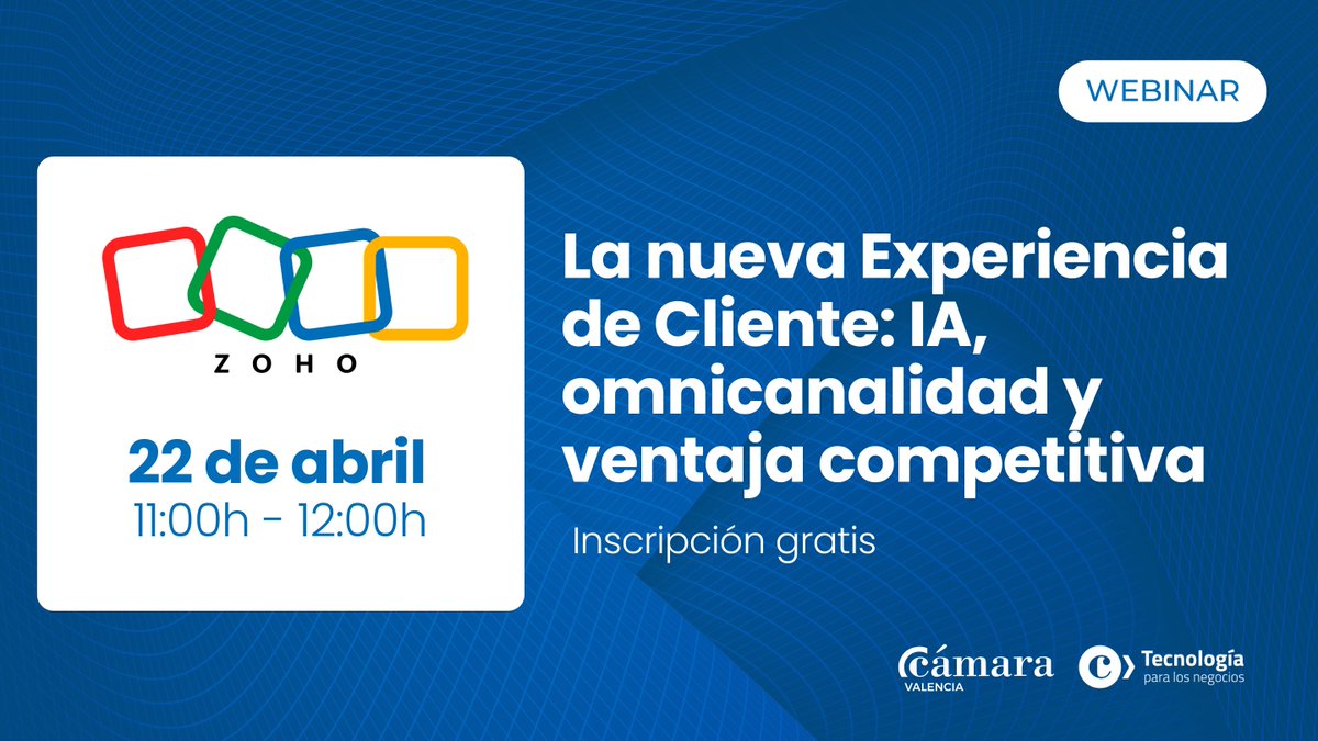 ZohoEspana's tweet image. El próximo 22 de abril impartiremos un #webinar junto con @TICnegociosVLC en el que explicaremos y profundizaremos en las nuevas tendencias de la experiencia de cliente de 2026.

¡Regístrate! zurl.co/35MJl

Es tuyo. Es fácil. Es Zoho.

#TransformaciónDigital #CX #Zoho