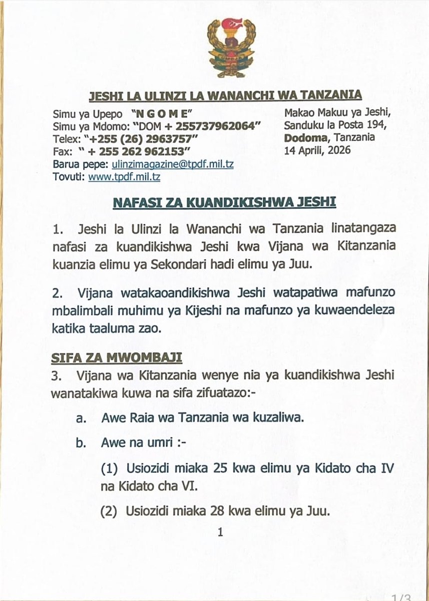 JKTonlinetz's tweet photo. Jeshi la Ulinzi la Wananchi wa Tanzania (JWTZ) latangaza nafasi za kuandikishwa Jeshini kwa vijana wa kitanzania https://t.co/NOURfdi0Pb