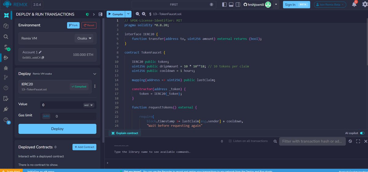 hrshjswni's tweet image. Day 13/30 – Built a #TokenFaucet  Contract⚒️

Learned:
• Interacting with #ERC20 via interfaces
• Preventing abuse with rate limiting
Simple UX, but important for testnets &amp;amp; onboarding.

What’s the best way to make faucets sybil-resistant? 🤔