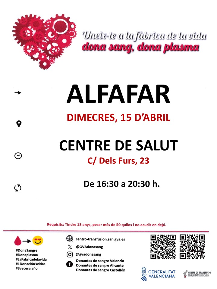 GVAdonasang's tweet image. Dona sang a #Alfafar
📆dimecres #15Abril 

Tractaments oncològics, intervencions quirúrgiques, trasplantaments... possibles gràcies a la teua generositat. Gràcies! 

 #1Donació3Vides❤️
