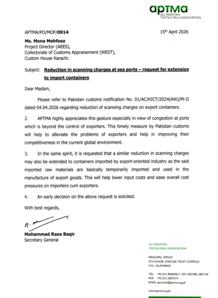 APTMAofficial's tweet photo. A timely and welcome step by Pakistan Customs to reduce scanning charges on export containers — especially amid ongoing port congestion beyond exporters’ control.

Extending this relief to import containers for export-oriented industries would further ease input costs, improve competitiveness, and support value-added exports.

Industry looks forward to an early decision to strengthen Pakistan’s export ecosystem.

#APTMA #PakistanExports #EaseOfDoingBusiness