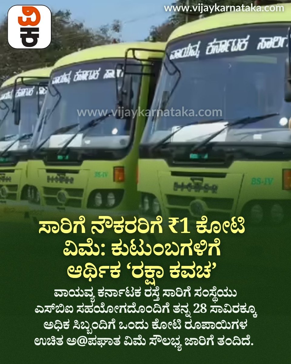 Vijaykarnataka's tweet photo. ವಾಯವ್ಯ ಕರ್ನಾಟಕ ರಸ್ತೆ ಸಾರಿಗೆ ಸಂಸ್ಥೆಯು ತನ್ನ ಸಿಬ್ಬಂದಿಗೆ ಜಾರಿಗೆ ತಂದಿರುವ ಒಂದು ಕೋಟಿ ರೂಪಾಯಿಗಳ ಅ@ಪ@ಘಾತ ವಿಮಾ ಯೋಜನೆಯು ನೌಕರರ ಪಾಲಿಗೆ ಸಂಜೀವಿನಿಯಂತಿದೆ.

#KSRTC
#TransportStaff
#InsuranceCover
#AccidentInsurance
#EmployeeBenefits https://t.co/6Pox9vIX5P
