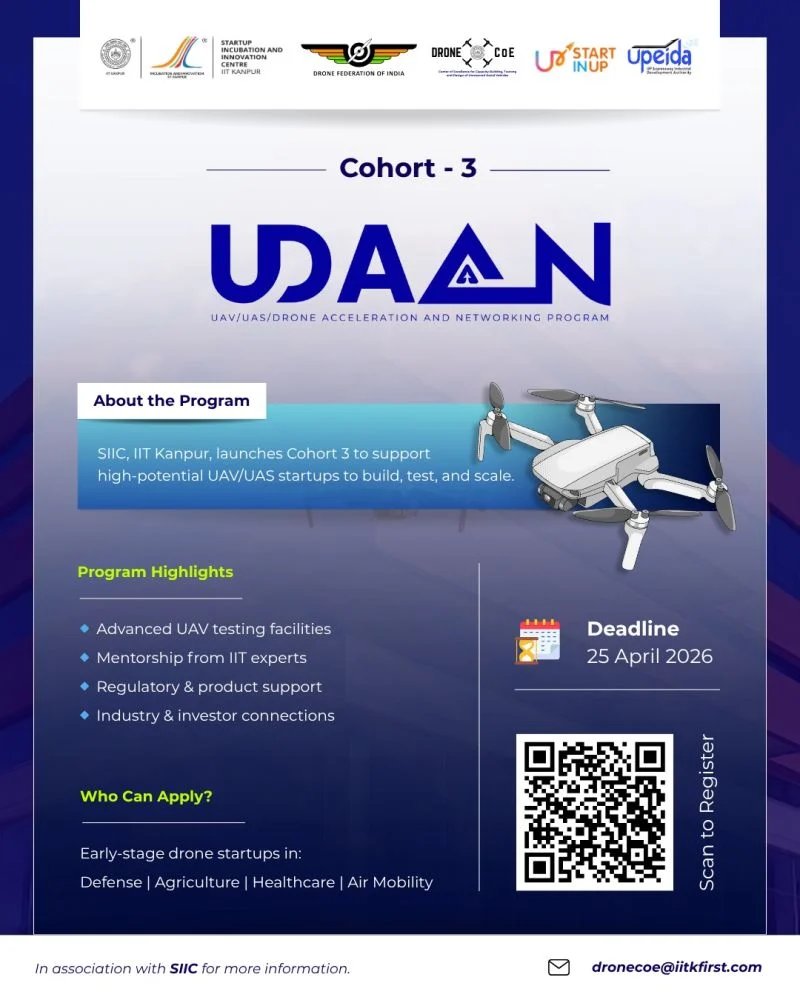 StartupMandi's tweet photo. 🚁 Drone startups &amp; UAV founders!

Apply for Udaan – Drone Acceleration Program Cohort 3 by SIIC IIT Kanpur 🚀
Get mentorship, funding access &amp; industry connections.
👉 https://t.co/XzTNNQUzmS

#DroneStartup #UAV #IITKanpur #StartupIndia https://t.co/6wJhfx8WRH