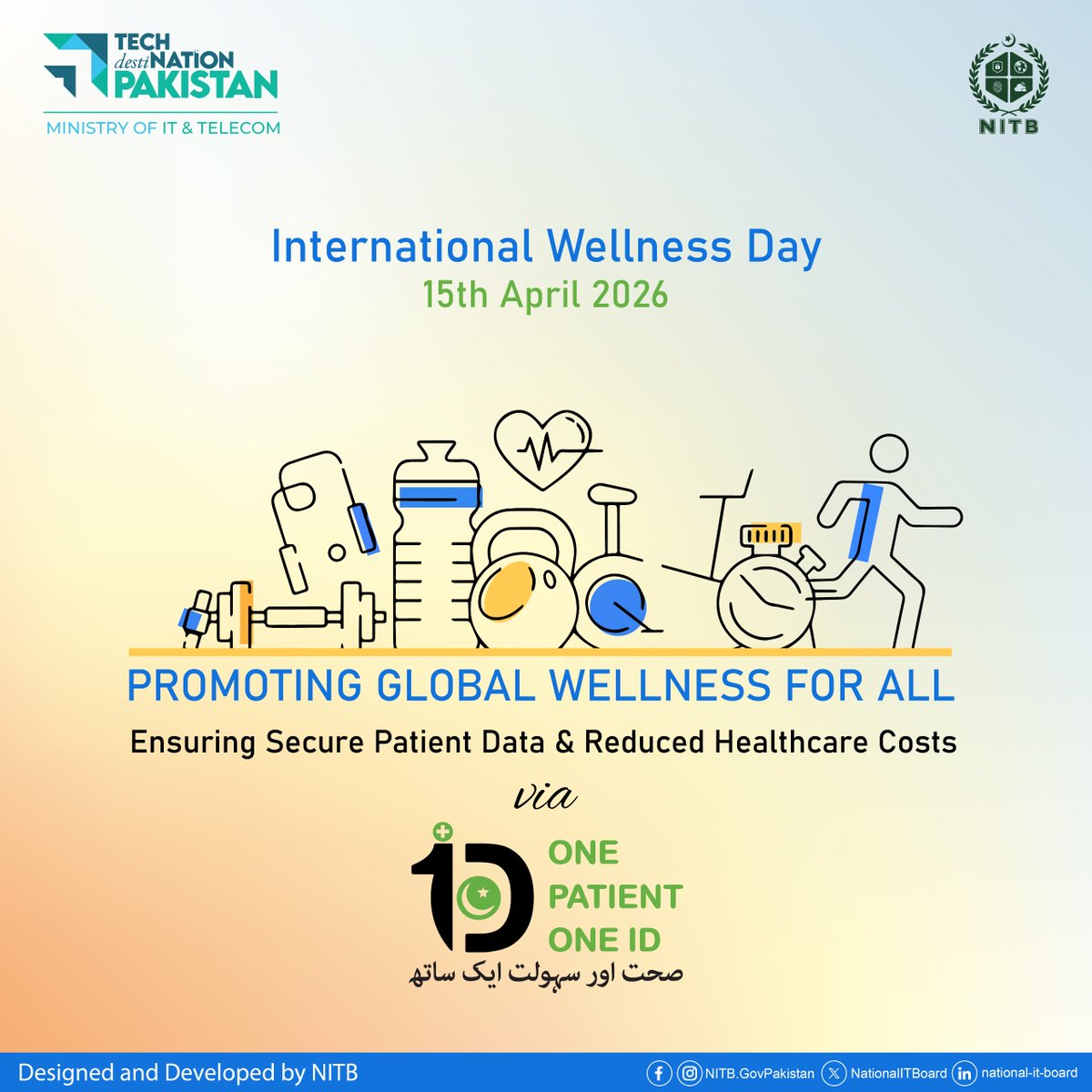NationalITBoard's tweet photo. This #InternationalWellnessDay, #OnePatientOneID is helping build healthier future by ensuring secure #patientdata, reducing #healthcare costs, and improving care delivery from anytime, anywhere.
#WellnessForAll #DigitalTransformation #HealthcareAccess #OPOID #MoITT #NITB #nhsrc https://t.co/0jYuJJ1FMe
