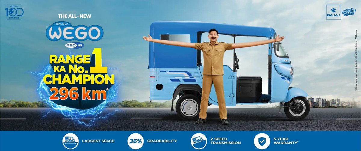 PluginJourneys's tweet image. 🚨Bajaj is electrifying the 3-wheeler market!🛺

#BajajAuto just launched its massive new '#WEGO' #electric 3W range for both passenger and cargo segments!
Starting at an aggressive ₹3.11 Lakh
Incredible certified range of up to 296 km!
Packed with tech: hill hold, and Bluetooth