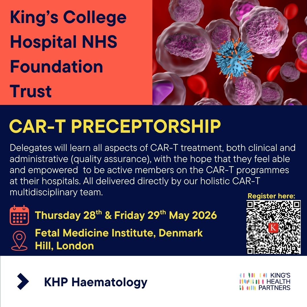 RCPath's tweet image. King’s College Hospital CAR T Cell Preceptorship
A two day programme covering the essentials of CAR T therapy, with tutorials, practical demonstrations, and real clinical case discussions.
👉 Register: ow.ly/WFI650YoXwy @KHPHaematology #pathology #cpd