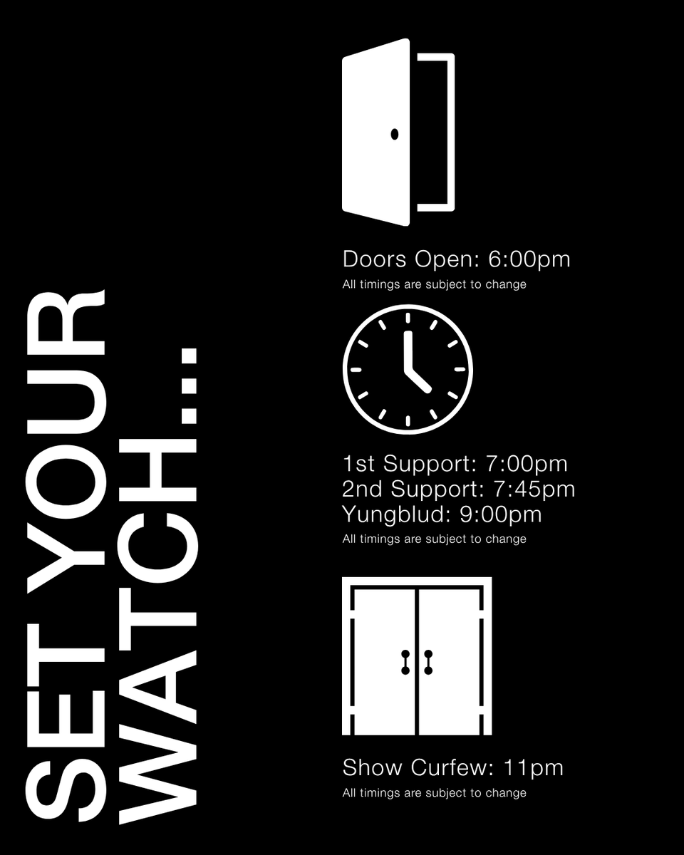 fdarena's tweet photo. Coming to see Yungblud?
Here is all you need to know...
🕐Doors: 6:00pm
🎤Show Starts: 7:00pm (timings subject to change)
⚡Security checks are in place to keep you safe https://t.co/qa8rVA9WMx
📍Plan your visit FAQ's https://t.co/YjwCTWJFjW

#yungblud #firstdirectbankarena https://t.co/y0IWu6jWM9
