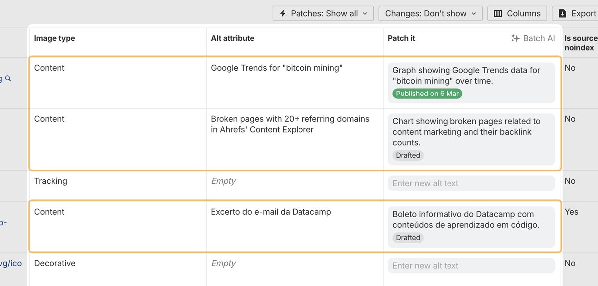 ahrefs's tweet image. New in Site Audit: Patch image alt text 🎉

Generate and fix missing alt texts for images in bulk using Patches.

Images are now classified as “content”, “decorative”, or “tracking”, so you won't get flagged for missing alt text on a tracking pixel.