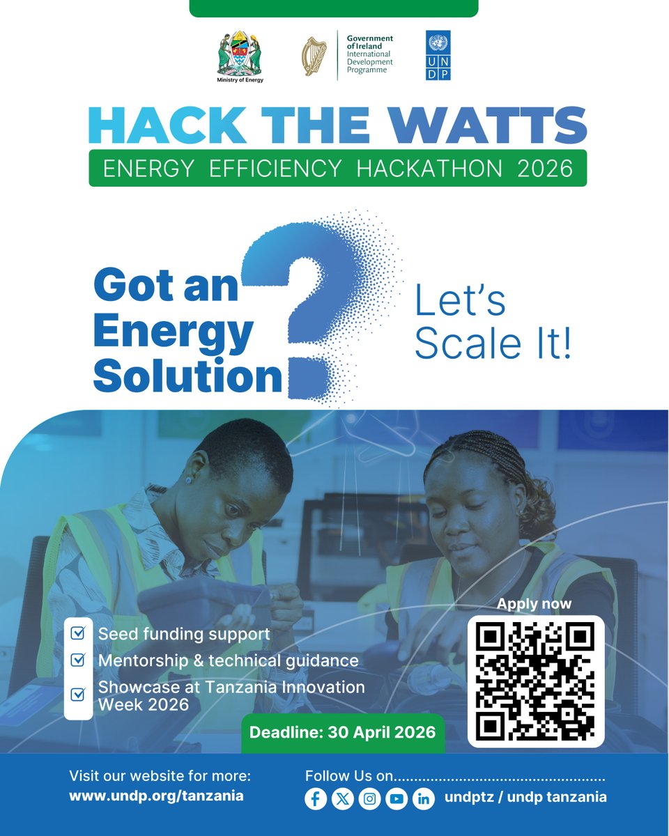 undptz's tweet image. 🔊 Ready to solve real energy challenges?
Bring practical solutions. Build what works.
🔗 Apply today: forms.office.com/e/RW2WRJCu8k
#HackTheWatts #EnergyEfficiency
@Nishati2017
@IrlEmbTanzania
@tirdo_official