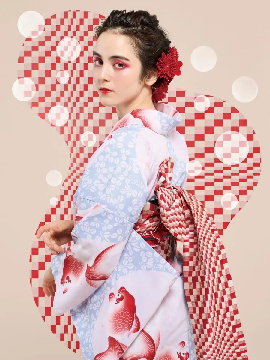 ふりふ　浴衣・帯　あじさいと金魚 残りわずか】浴衣単品「あじさいボーダー」～Natural Furifu