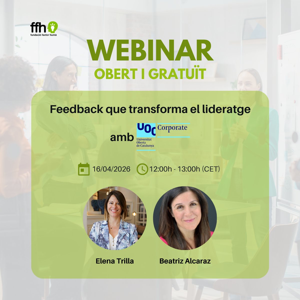 FundFactorHuma's tweet image. 📢 Webinar obert i gratuït: Feedback que transforma el lideratge

Parlarem de les claus per impulsar una cultura de #feedback amb escolta i un lideratge centrat en les persones

🎤 Amb Elena Trilla i Beatriz Alcaraz de @UOCcorporate

🔗 Inscriu-t’hi! 👉f.mtr.cool/rizfgqafld