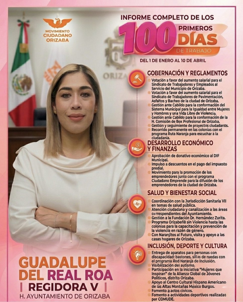 Se han cumplido ya los primeros 100 días de trabajo de la regidora Guadalupe Del Real Roa Del Real Guadalupe #un periodo marcado por compromiso, cercanía con la ciudadanía y resultados que hablan por sí mismos. 💛🍊