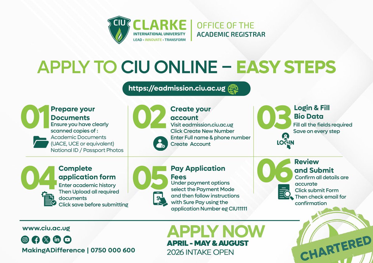 CIUuga's tweet photo. The 2026 intake is officially open at #CIU, and your journey to revolutionise Health Sciences, Business, or Tech starts right here with 6 simple online steps. Take the lead today, and #Apply #Now. https://t.co/PGjNzYc3Kq, 0750 000 600.  #Lead #Innovate #Transform https://t.co/1daS8Y41MF
