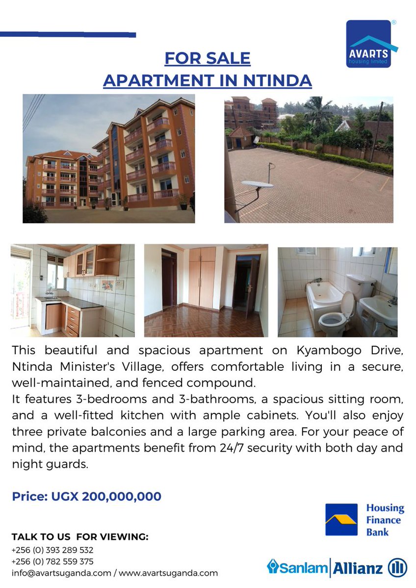 Discover refined living in Ntinda with this 3-bedroom apartment, designed for comfort, security and convenience.
Enjoy serene surroundings, ample parking, and secure compound—perfect for your next home.

Schedule your viewing today. 

#Ntinda #RealEstate #Uganda #ForSale #Comfort