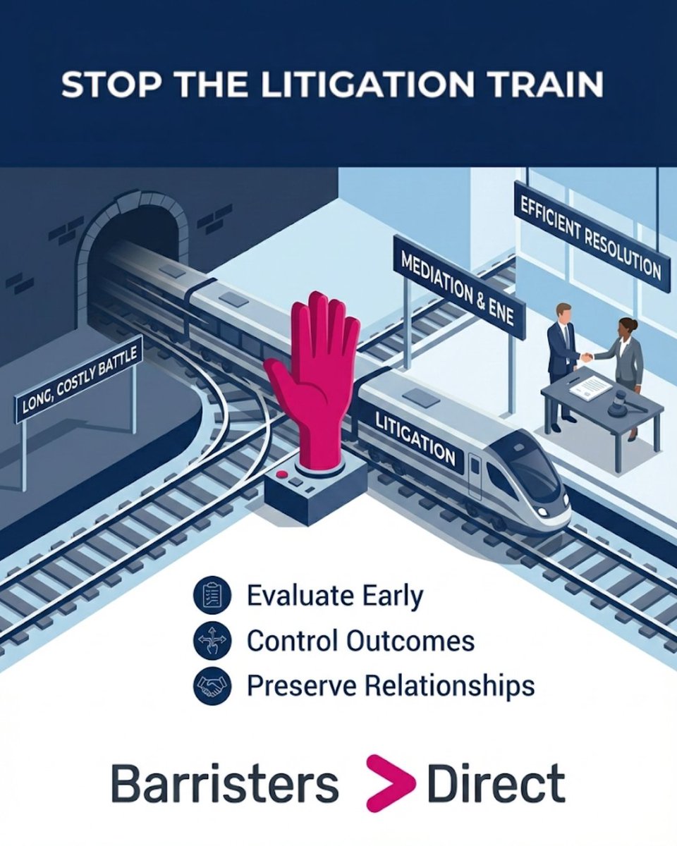 BarristersD's tweet photo. Once a dispute enters the traditional litigation 🚊 track, costs spiral, and control can be lost.

Smart General Counsel are using the Bar differently: for Early Dispute Evaluation & Resolution.

Instead of waiting for the court steps, instruct a senior barrister directly to review the dispute at the "Letter of Claim" stage. We provide an honest assessment of your chances of success assist in brokering a commercial settlement before proceedings are issued.

Don't wait for the court 🗓 date to find out your case has weaknesses. Know them now. Evaluate your position early https://t.co/7FxjS512s3.

#DisputeResolution #Mediation #CommercialLitigation #GeneralCounsel #LegalStrategy
