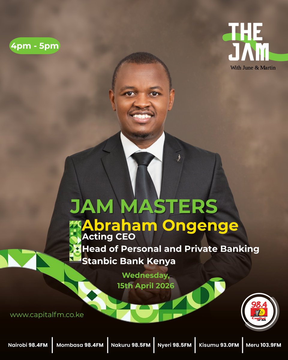CapitalFMKenya's tweet photo. What does the future of personal and private banking look like in Kenya?
Today on #JamMasters, we host Abraham Ongenge, Acting CEO & Head of Personal and Private Banking at @StanbicKE. Don’t miss it. #TheJam984 @thejam984 https://t.co/OoFRnhkHsu