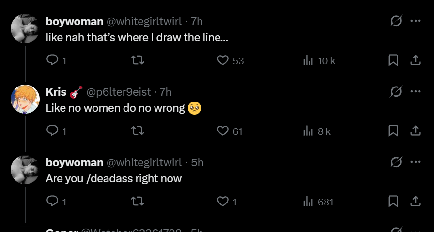 daf_ou's tweet photo. @whitegirltwirl @Watcher63361728 @team_never_tilt @p6lter9eist Nah but tbf, Twitter does hide the other guy reply, so it does look like it https://t.co/DES2gFZbIy