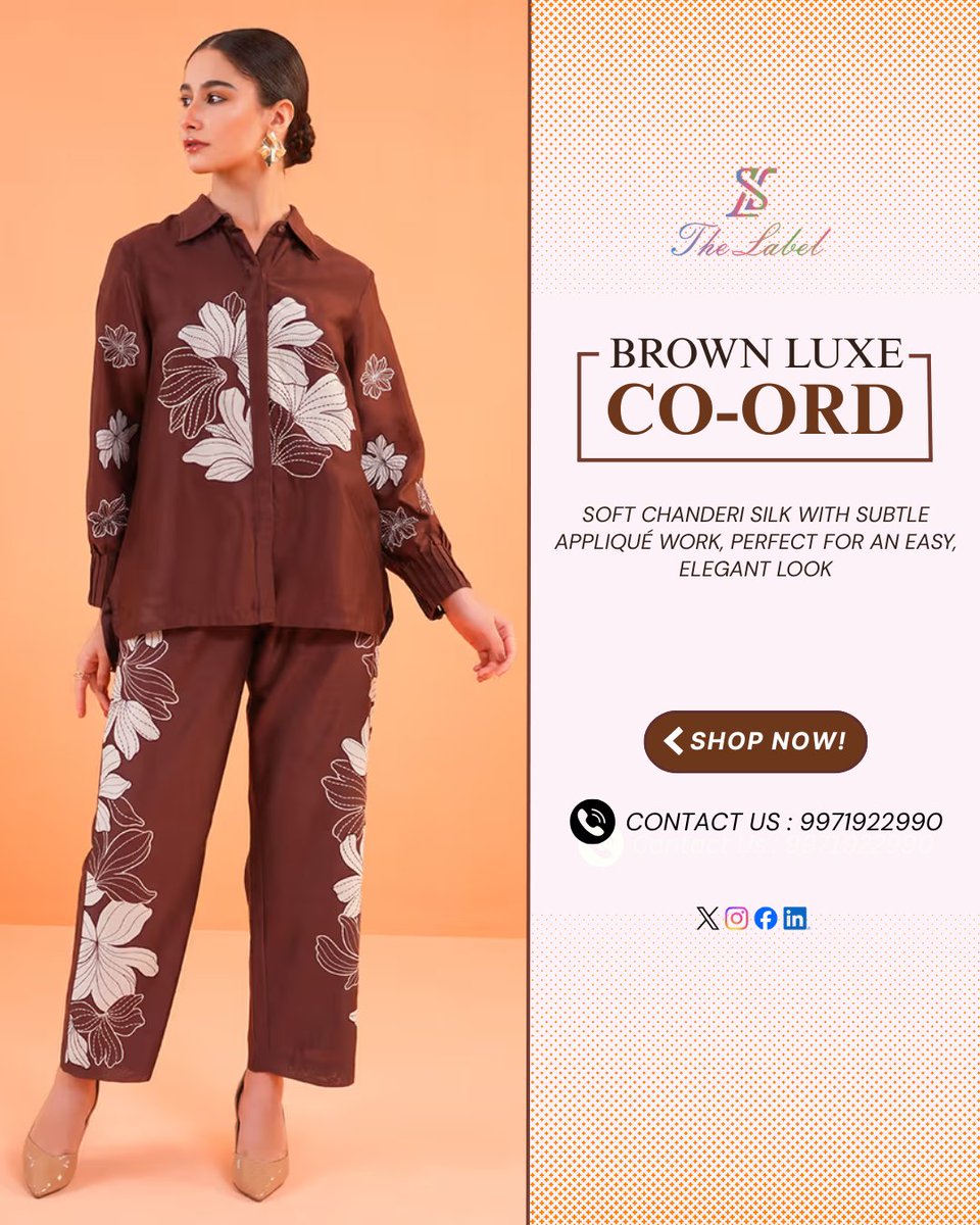 TheLabelWorld's tweet image. Rich brown with delicate details, effortless and elegant.
A perfect blend of comfort and timeless style.
.
Shop now : 9971922990/ DM to book yours
.
#thelabel #coordset #appliquework #everydayluxury #brownoutfit #minimalstyle