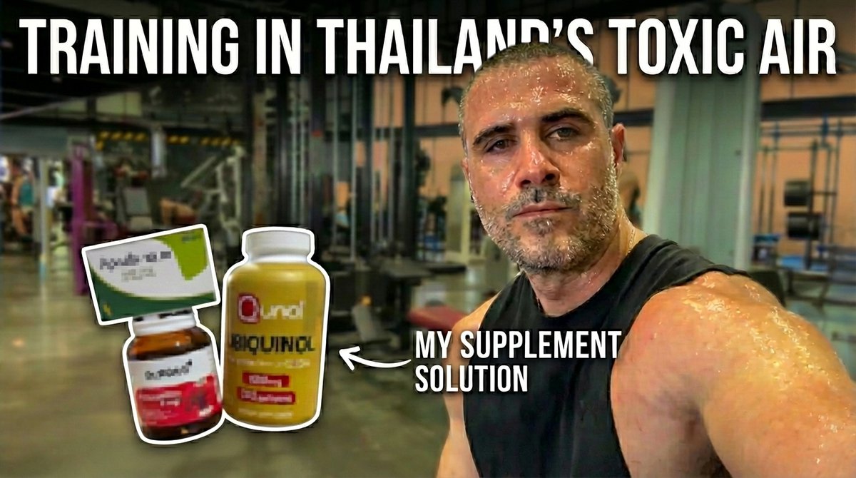 TheLoneStack's tweet photo. 🧵Training heavy in Thailand’s toxic burning season smoke used to destroy me.  20 minutes into Muay Thai and I was completely gassed. 
Lungs burning, zero power left.  
The haze is brutal right now, Chiang Mai sitting at unhealthy levels again today.
So I built a simple 3-part stack that lets me keep lifting and fighting without locking myself indoors.
No masks. No running away. Just results.  
Full breakdown (with disclaimers) → https://t.co/CzQHGZXKCE

#Thailand #BurningSeason #PM25 #MuayThai #Fitness #ExpatLife